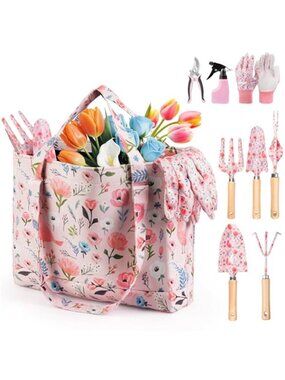 Garden Tool Set 10 Piece Gardening Kit Floral Tote Gloves Shears Watering Can